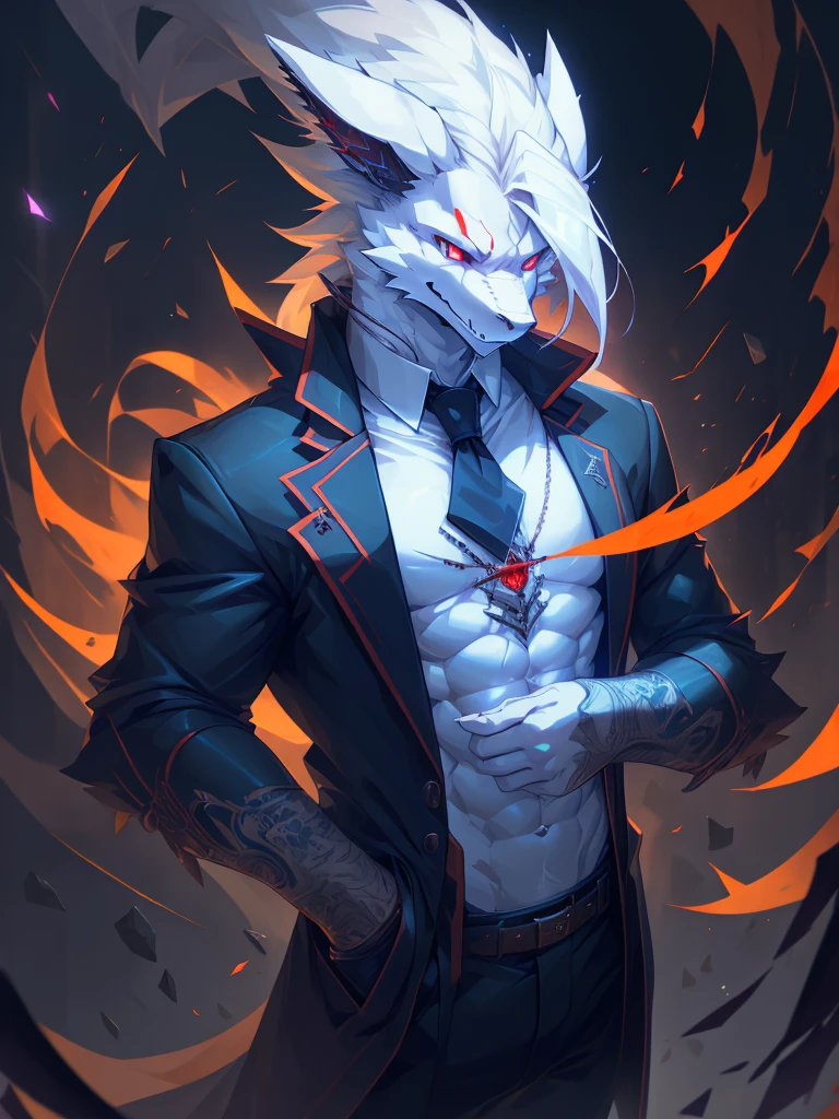 male, furry, Dragon anthro, solo, white fur, Red eyes, (Realistic eye details 1.2), business suit wear, V0id3nergy, abs, Masterpiece, dramatic lighting, soft lighting, day, highly detail, Hair coiled