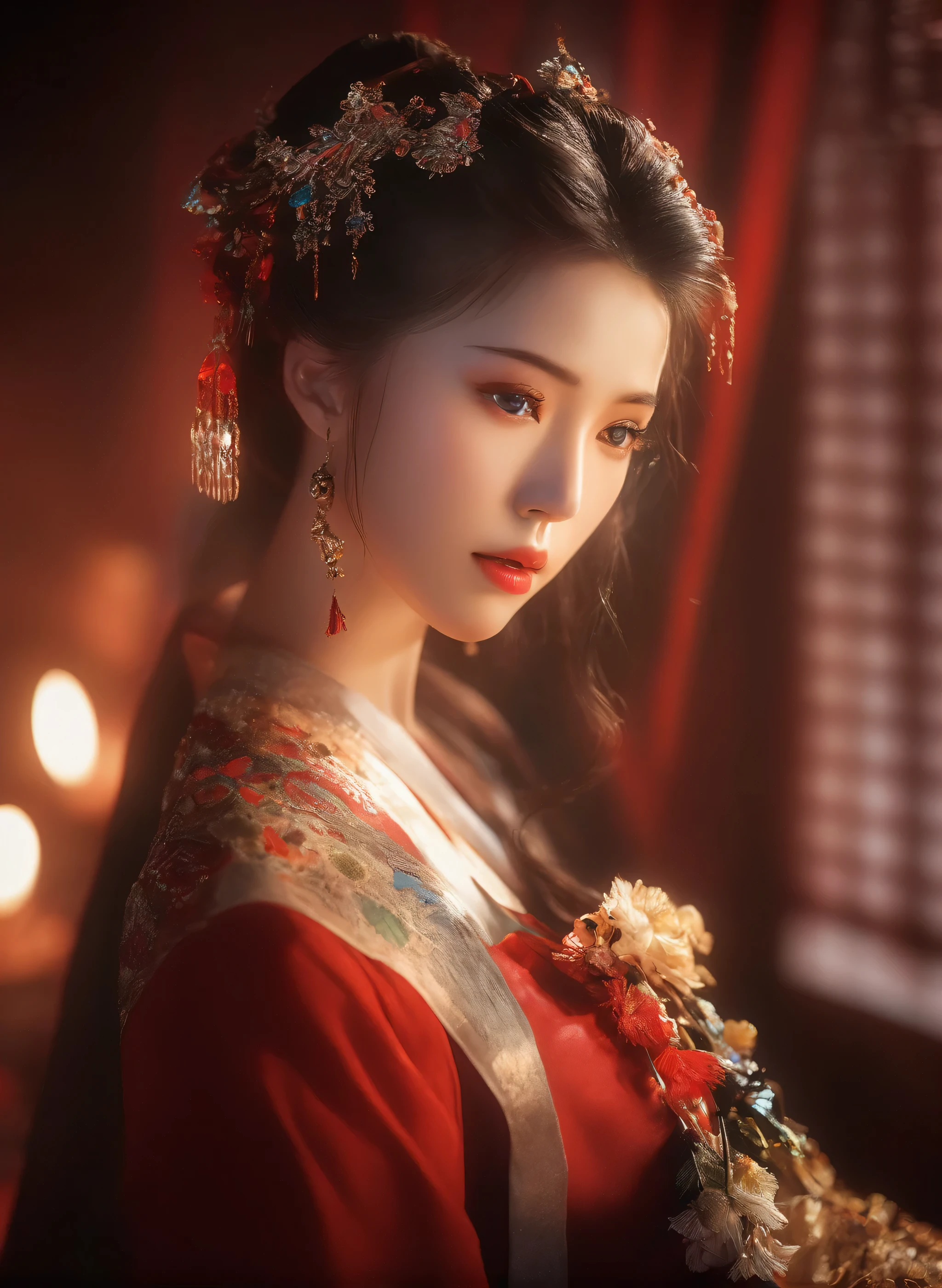 (masterpiece, best quality, Very detailed, The best shadow), (Detailed background), (Delicate face), High contrast, (Optimal lighting, Extremely refined), Colorful, Extremely detailed, Dramatic lighting, Beautiful background, Intricate details, (1 girl, Solitary, Colorful hair, Pointed face, Red Eyes, Hair between the eyes, Dynamic Angle, Red clothes), Looking at the audience, Blood,(Broken Gek Ring, in the room, whole body, Delicate eyes, beautiful eyes, 8K, 4K, best quality, masterpiece, beautiful eyes, realism