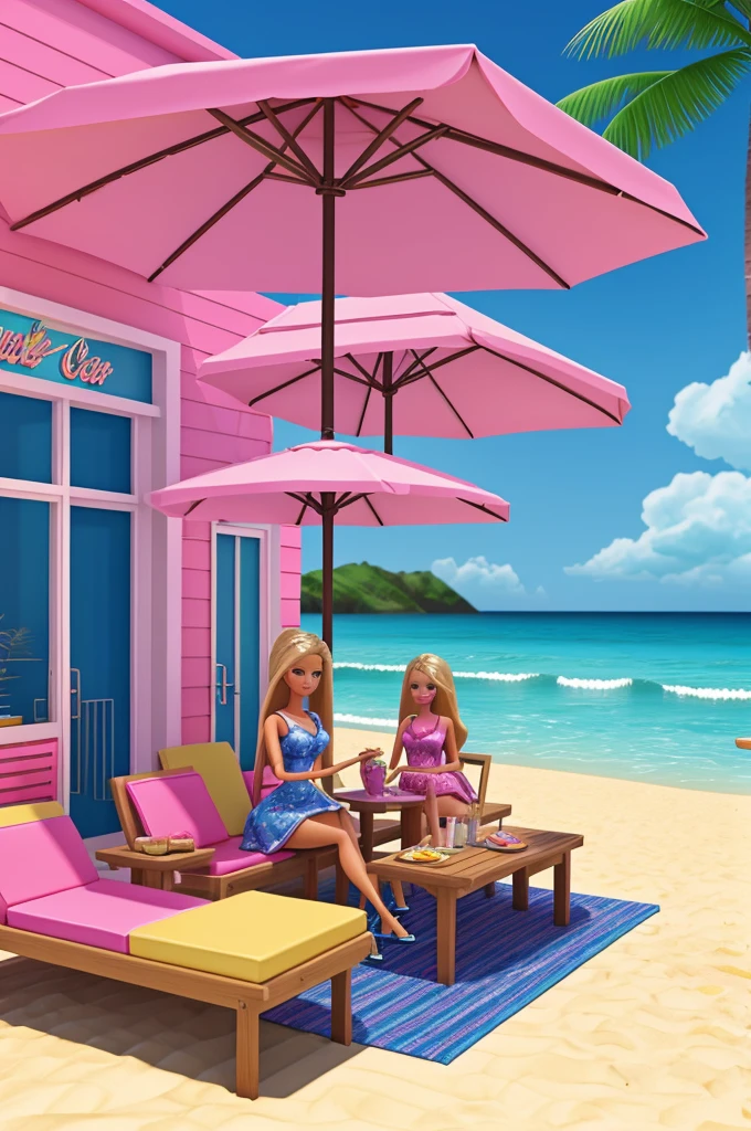 Barbie cafe design beach style Create a realistic image