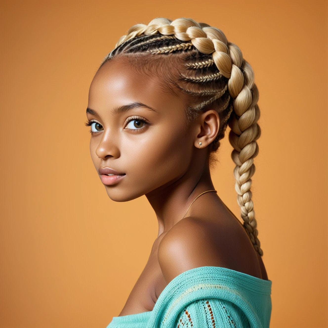 NSFW naked, uncensored, Hasselblad Award Winner, a somalian girl , medium blonde braided hairstyle ,(( dark bioluminiscent eyes )) ,whymsical, sublime, harmonious, sensual, colourful, 