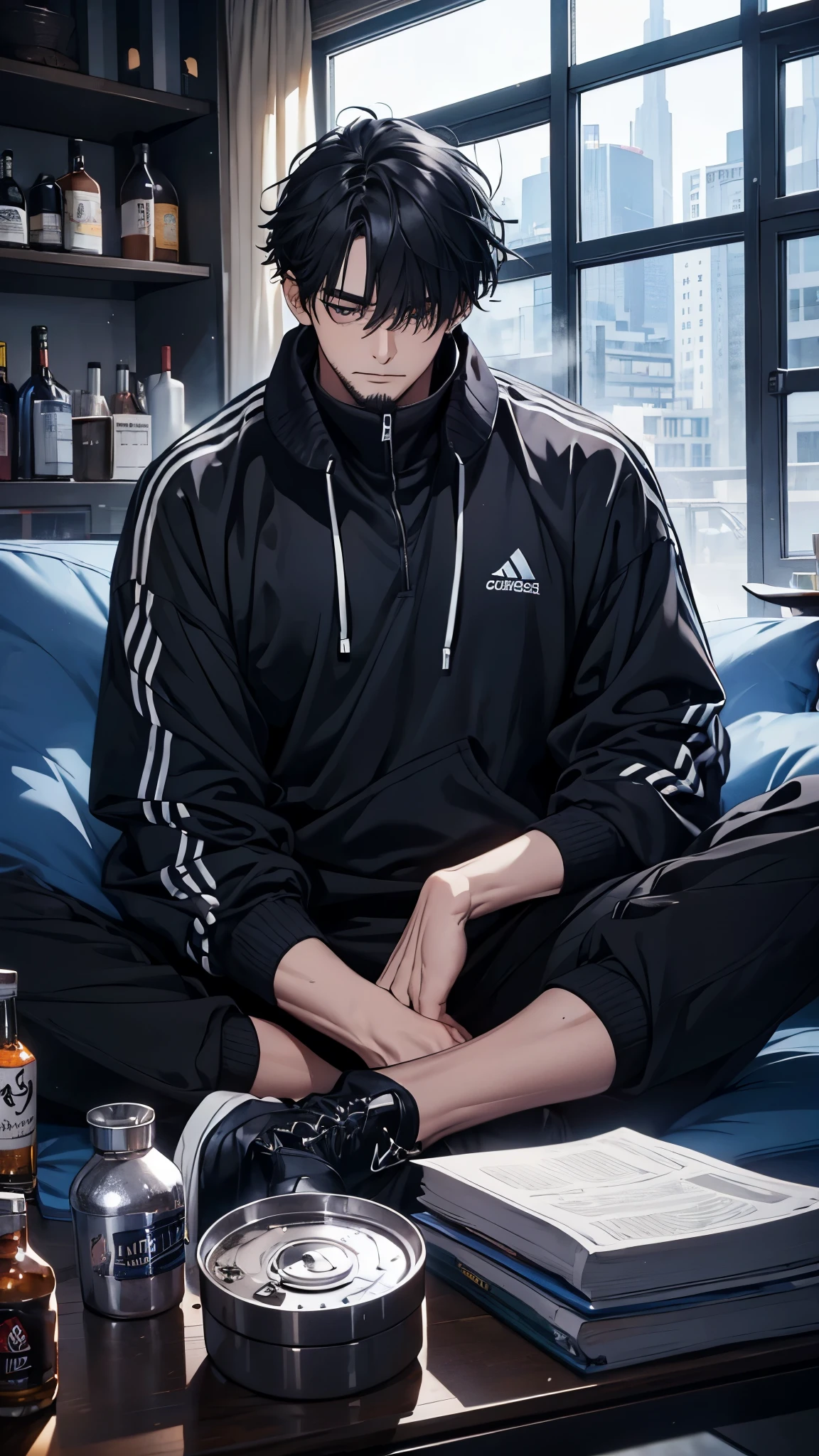 A tall, middle-aged man with black, unkempt hair that covered his eyes, lifeless eyes, a thinning beard and a tough-looking face in a tracksuit.、Unlit room、He is sitting cross-legged on the sofa, watching TV and smoking a cigarette、１people、Full body description、Depicted from an oblique angle、Confused eyes、Empty liquor cans、