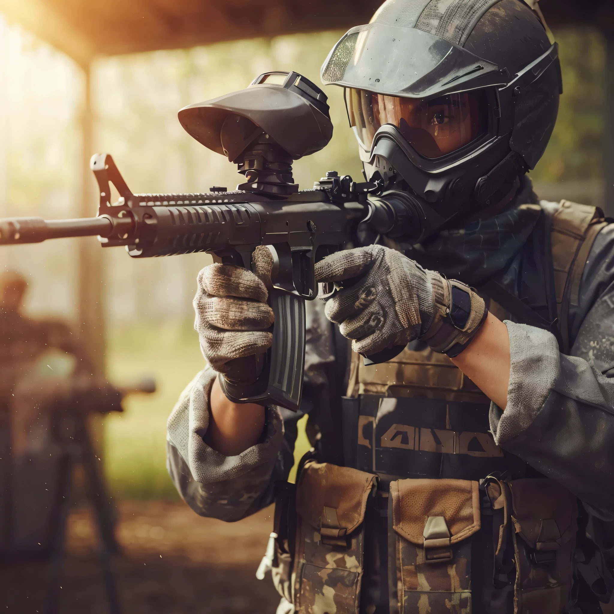 close up image, a man wearing a gray paintball uniform, wearing a goggles helmet, wearing halfface helmet, holding a paintball rifle, the man is shooting at his enemies in the paintball arena, the blurry background shows the atmosphere of a paintball arena in a field, realistic, cinematic, very detailed, very complex