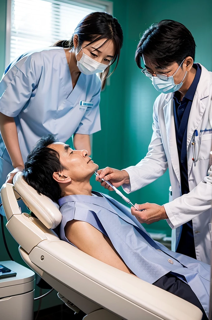dentist　male　Japanese　Visiting the clinic　Treating a patient The patient is elderly　Wearing a lab coat　Scene during treatment　Treatment in a private home　The patient is lying down