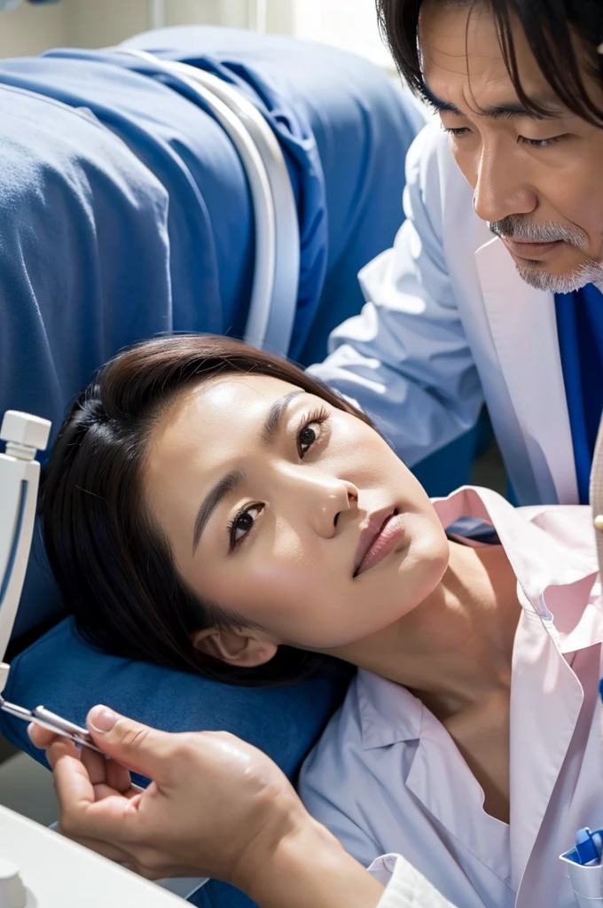 dentist male Japanese Visiting the clinic Treating a patient The patient is elderly Wearing a lab coat Scene during treatment Treatment in a private home The patient is lying down