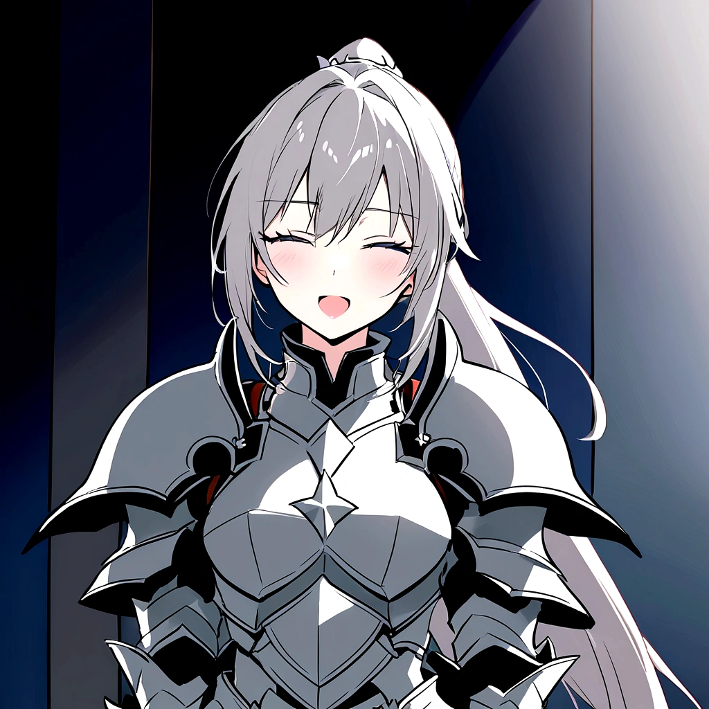 Beautiful girl knight in armor, Gray Hair, fantastic, Face your body forward like a certificate photo, shoot from front, Ponytail, Armor Girl, beautiful female knight, Female Paladin, upper body shot, drawing both arms, closed eyes