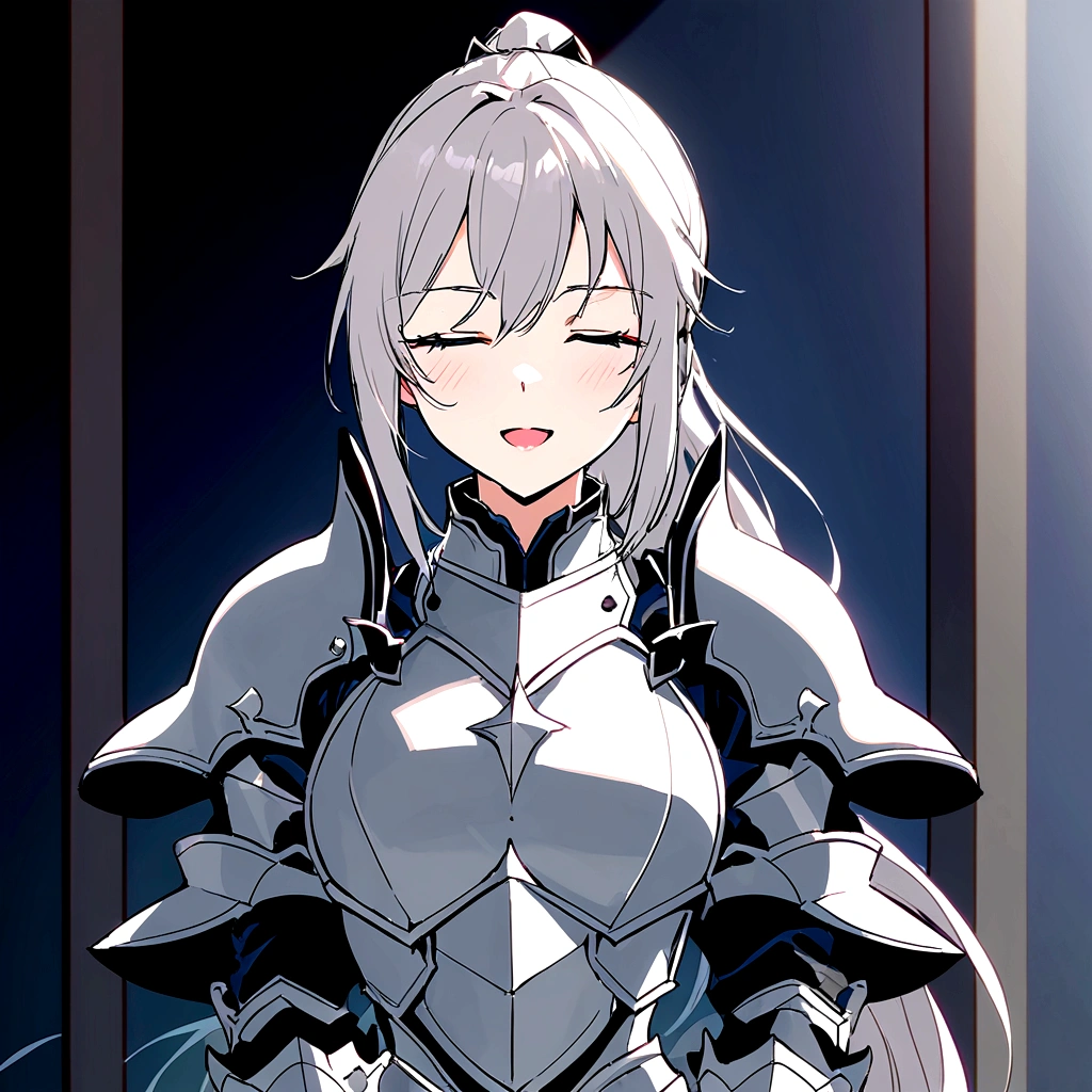 Beautiful girl knight in armor, Gray Hair, fantastic, Face your body forward like a certificate photo, shoot from front, Ponytail, Armor Girl, beautiful female knight, Female Paladin, upper body shot, drawing both arms, closed eyes