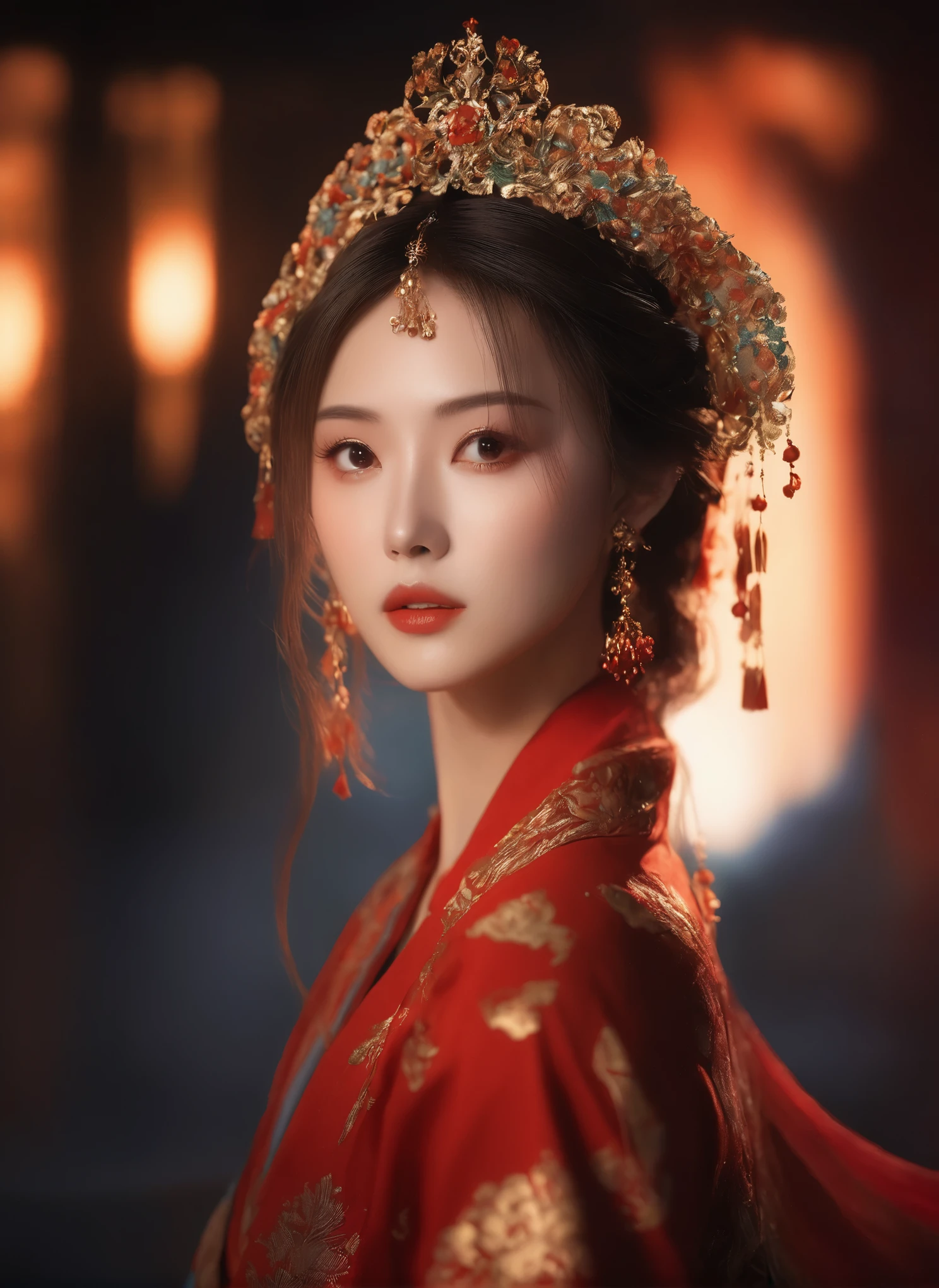 (masterpiece, best quality, Very detailed, The best shadow), (Detailed background), (Delicate face), High contrast, (Optimal lighting, Extremely refined), Colorful, Extremely detailed, Dramatic lighting, Beautiful background, Intricate details, (1 girl, Solitary, Colorful hair, Pointed face, Red Eyes, Hair between the eyes, Dynamic Angle, Red clothes), Looking at the audience, Blood,(Broken Gek Ring, in the room, whole body, Delicate eyes, beautiful eyes, 8K, 4K, best quality, masterpiece, beautiful eyes, realism