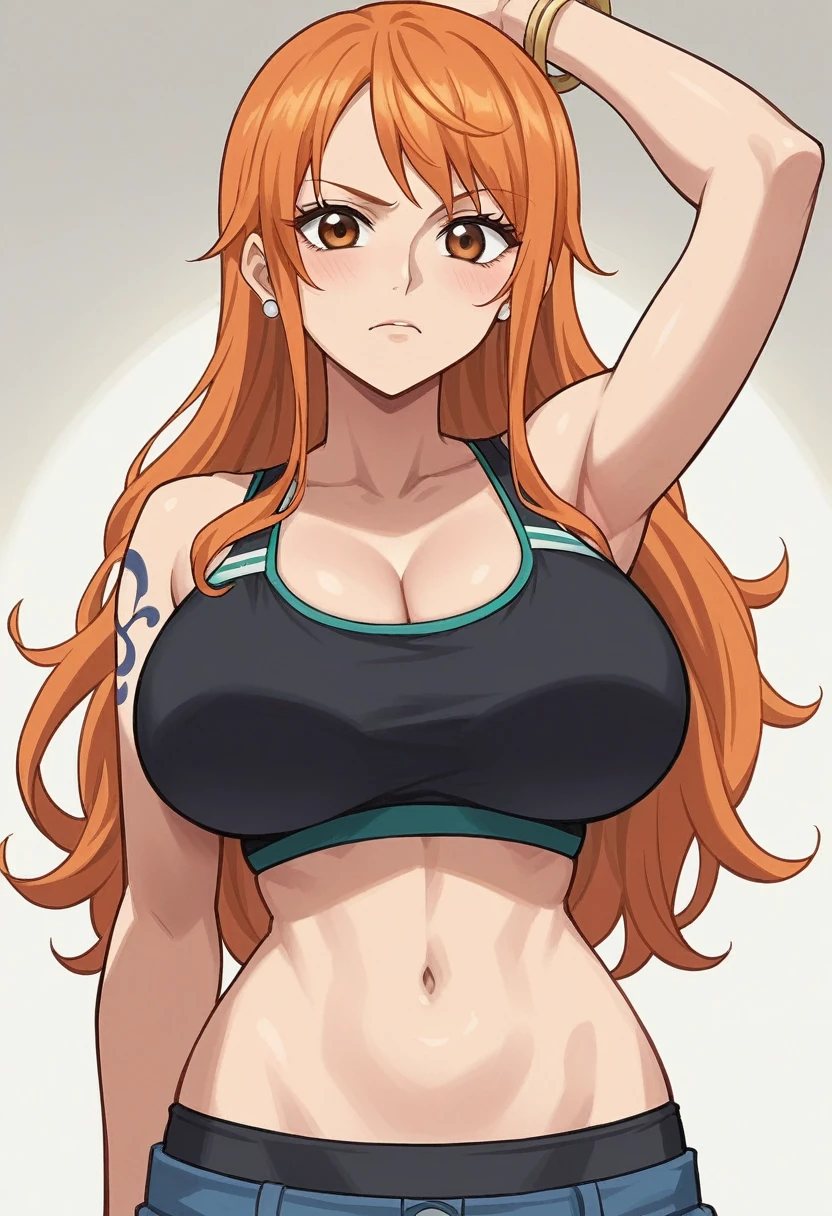 score_9, score_8_up, score_7_up, source_anime BREAK, anime screencap, Nami, orange hair, long hair, big breasts, upper body, black sports bra, navel, cleavage,