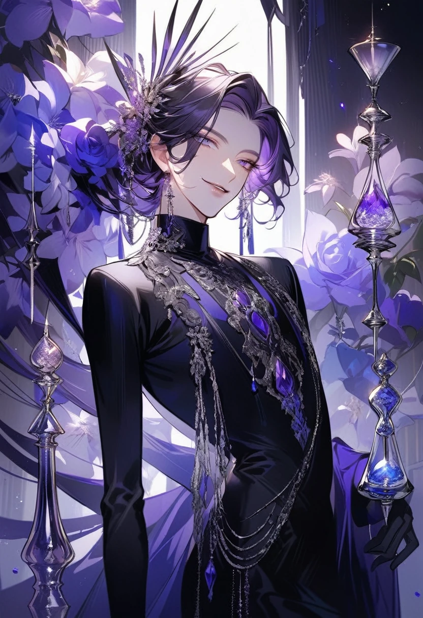 Feminine boy, soft womanish facial features, smile, squinted siren dark blue eyes without glare, silver and dark purple long loose hair with straight bang, fantasy black clothes with blue and purple elements, long black gloves, model, gorgeous, elegant, lots of silver jewelry, flowers in his hair, skinny body, hourglass figure, light lipstick