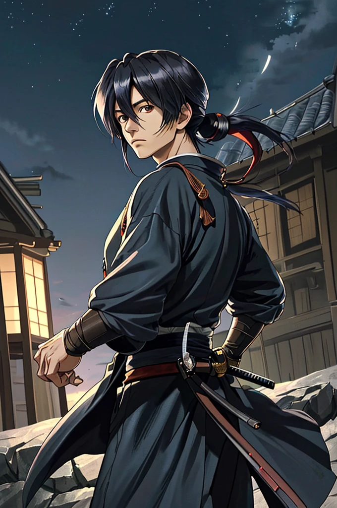 Highest quality，High resolution，((Hajime Saito_Rurouni Kenshin)) ，One person，（knife），（dark blue_coat），police officer，male，One personで，Middle Age，（all back_Hairstyle），Black Hair，（Dentitions_Rurouni Kenshin），strongest，Anime Style，（Night Sky_background），(Limbs)，(Full Finger)，(Accurate fingertips), (The finer details), (Super detailed)，4K，(high resolution)，whole body, (Front angle), Looking at the camera,masterpiece，(Subtle details)，(Intricate details)，Octane Rendering，(Hyper Detail)，