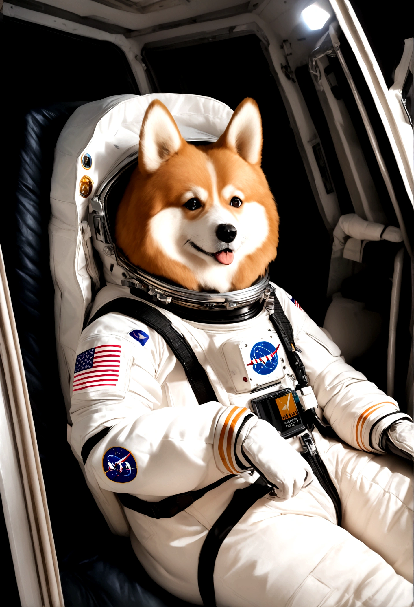 8K photos , only realistic ,Realistic picture, siberian dog Dress up as an astronaut be an astronaut Space work place brown dog sitting in a space shuttle