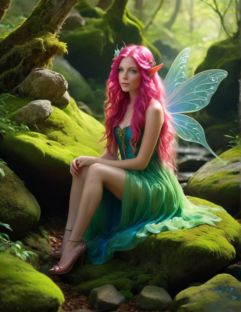 very attractive 25 year old girl with long wavy bright pink hair, A fairy dressed in a green fairy dress, long ears, freckles and blue eyes. She is sitting on a rock that is covered in green moss. Lots of nature fantasy art by Greg Rutkowski, radiant light, ultra detailed, cinematic, sharp focus