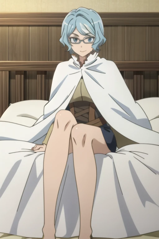 tall body, tall, long legs, mature female, mature, adult, eft_danmachi_blue, glasses, 1girl, female focus, solo, looking at viewer, blue hair, blue eyes, grey hair, parody, short hair, white cape, closed mouth, expressionless, anime coloring, smile, bedroom, lying down