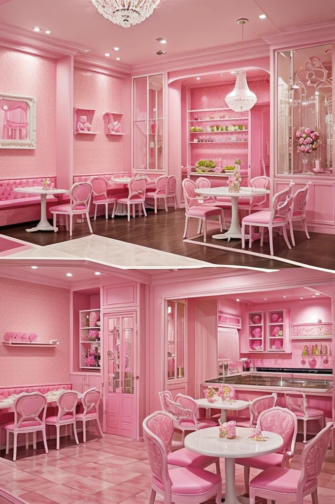 "A virtual interior of a Barbie-themed café decorated in pink tones. The café features adorable and luxurious furniture, such as pink upholstered sofas, white tables and chairs with lace accents, pink flowers, and other decorations that evoke the feeling of stepping into Barbie's world. In reality"