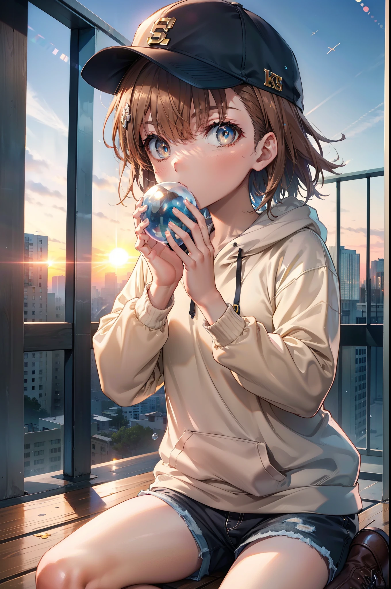 Mycotrose, Brown eyes,Brown Hair,short hair,Small breasts,Oversized black hoodie,Baseball cap,Shorts,boots,His hands are in his hoodie pockets,Blowing bubble gum,Sitting on the stairs,evening,Sunset,The sun is setting,whole bodyがイラストに入るように, break looking at viewer, whole body, break outdoors, construction area, break (masterpiece:1.2), Highest quality, High resolution, unity 8k wallpaper, (shape:0.8), (Beautiful and beautiful eyes:1.6), Highly detailed face, Perfect lighting, Extremely detailed CG, (Perfect hands, Perfect Anatomy),