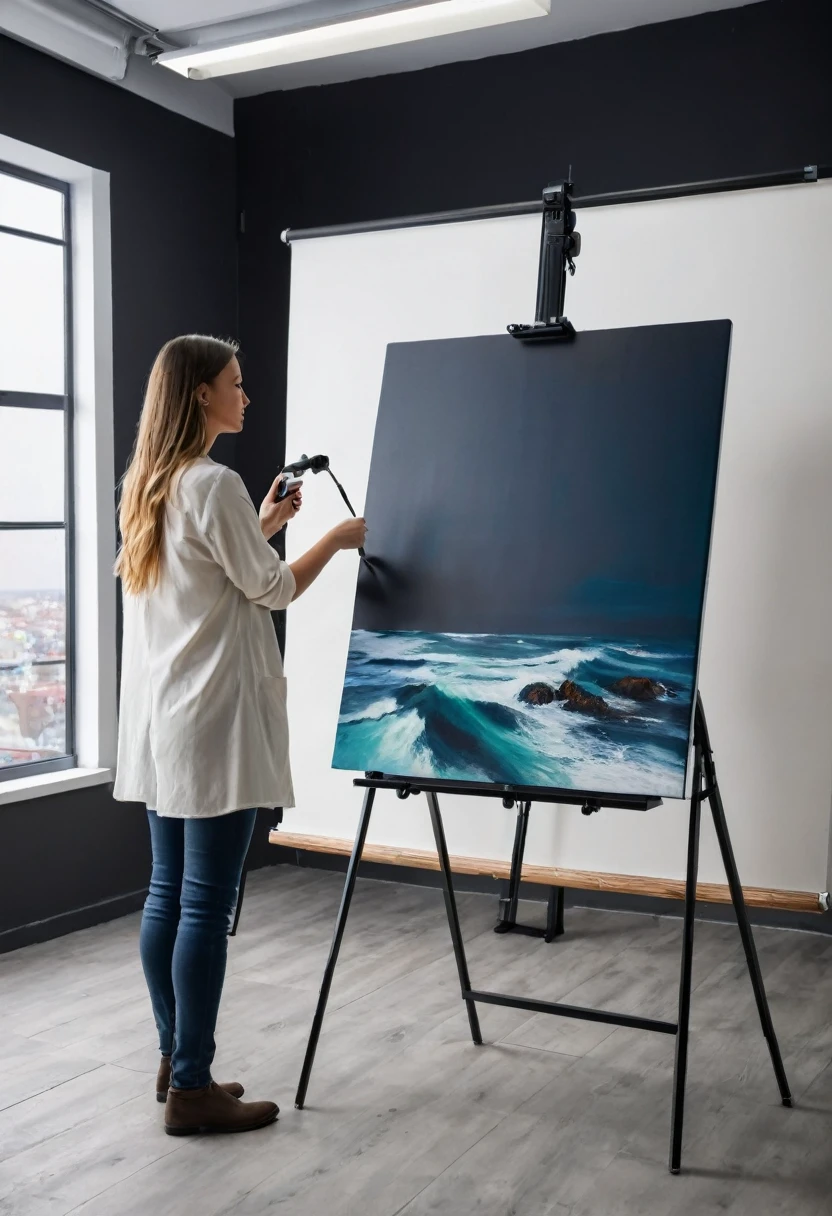 Modern graphic painting being photographed on an upright copy-stand, commercial studio, blackout, 4k advertising image.