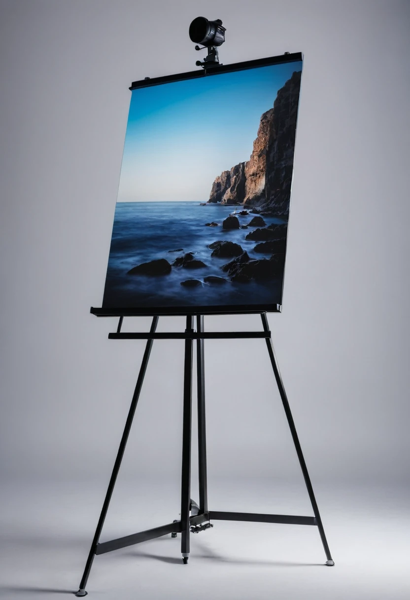 Modern graphic painting being photographed on an upright copy-stand, commercial studio, blackout, 4k advertising image.