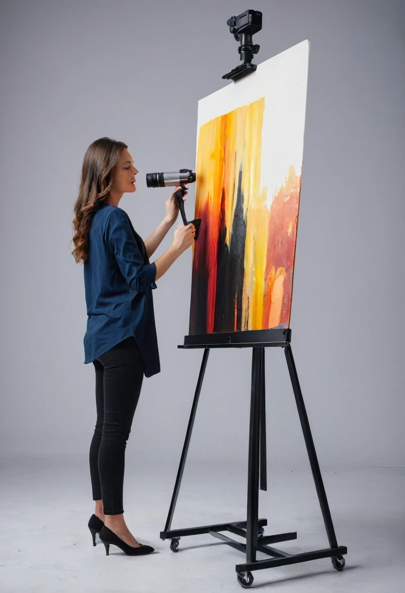 Modern graphic painting being photographed on an upright copy-stand, commercial studio, blackout, 4k advertising image.