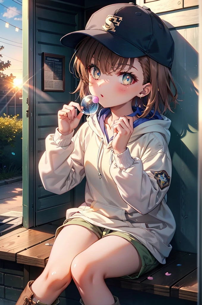 Mycotrose, Brown eyes,Brown Hair,short hair,Small breasts,Oversized black hoodie,Baseball cap,Shorts,boots,His hands are in his hoodie pockets,Blowing bubble gum,Sitting on the stairs,evening,Sunset,The sun is setting,whole bodyがイラストに入るように,　　　　　　　　　　　　　　　　　 　　　break looking at viewer, whole body,　　　 　　　　　　break outdoors, construction area,　　　　　　　　　　　　　　　　　　break (masterpiece:1.2), Highest quality, High resolution, unity 8k wallpaper, (shape:0.8), (Beautiful and beautiful eyes:1.6), Highly detailed face, Perfect lighting, Extremely detailed CG, (Perfect hands, Perfect Anatomy),