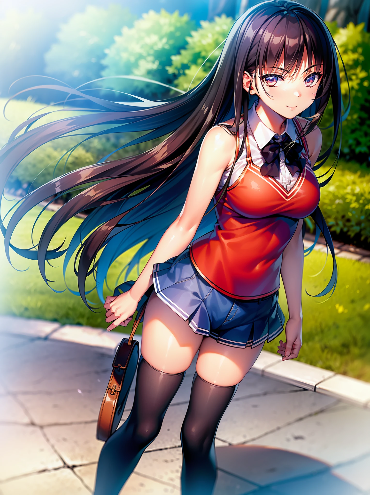 (8K, Highest quality, Highest quality, masterpiece), standing, 1girl, fullbody, solo, cowboy shot, aasuzune, long hair, black hair, (single braid:1.2), hair loose in the wind, leafs in the air, summer ambient, mini top, black thighhighs, smile, Denim short shorts, school, outdoors, large breasts, cleavage