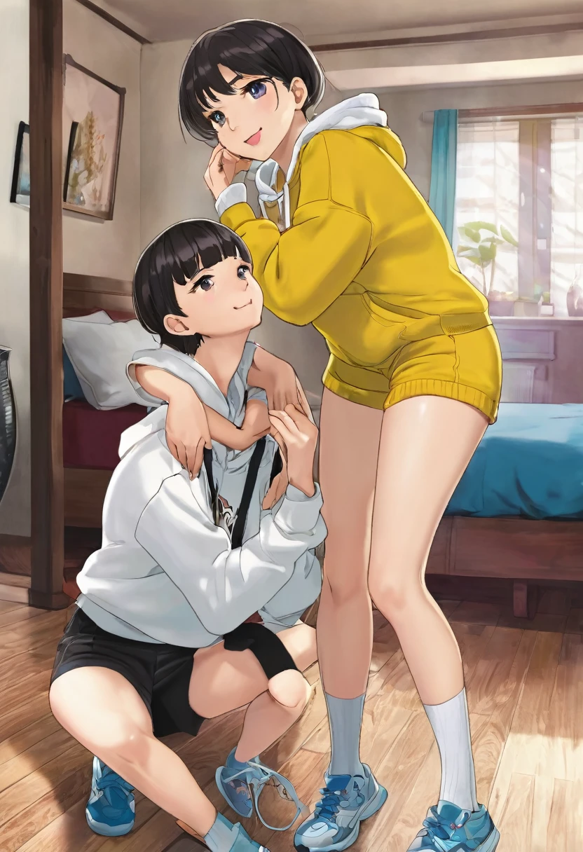 A playful sibling moment where a confident and slightly mischievous 20-year-old sister has successfully convinced her younger brother to engage in a bit of crossdressing fun. The brother, though initially embarrassed, now finds himself dressed as an alluring young woman, wearing a vibrant yellow one-piece knee-length dress that hugs his body, revealing his youthful and shapely legs adorned with sheer stockings. His cheeks are tinted with a soft blush, and his eyes sparkle with a touch of mascara and eyeliner that accentuate his natural features. His short hair has been styled to give him a more feminine look, adding to the transformation. The sister, on the other hand, is casually dressed in a contrasting white hoodie that draws attention to her toned arms and a pair of hot, tight shorts that show off her athletic physique. She completes her look with a pair of stylish socks and shoes, a knowing smile playing on her lips as she stands next to her brother. The room is filled with an array of colorful accessories and clothing scattered on the floor, indicating the light-hearted and spontaneous nature of their activity. The brother's posture is a mix of discomfort and curiosity, as he glances down at his unfamiliar attire. The sister's hand rests gently on his shoulder, offering reassurance and encouragement, while her other hand holds a camera phone, ready to capture the moment forever. Despite the brother's trepidation, the love and bond between the siblings is undeniable, creating a scene that is both amusing and heartwarming.