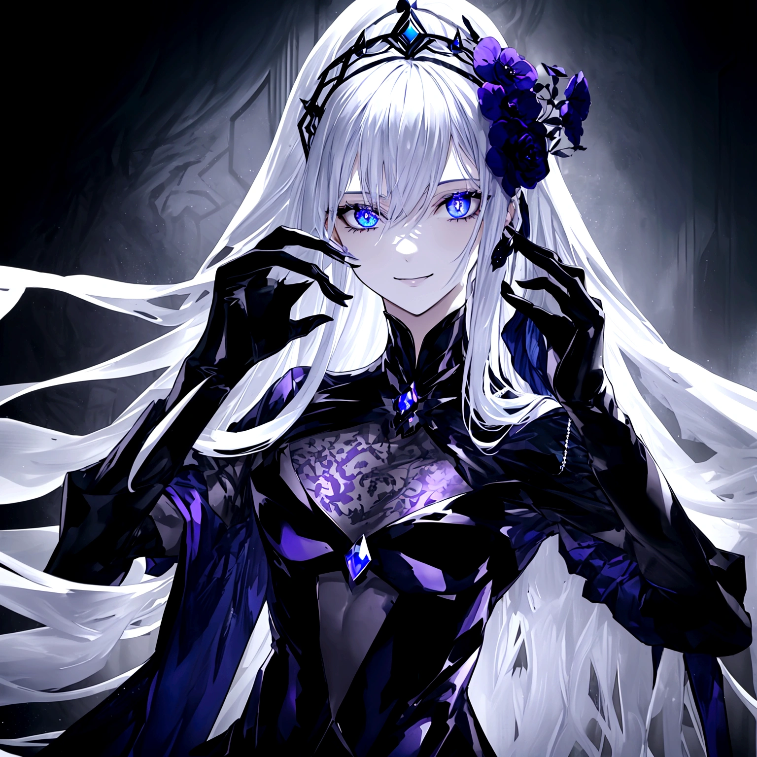 Guy, beautiful facial features, smile, squinted siren dark blue eyes without glare, silver and dark purple long loose hair with straight bang, fantasy black clothes with blue and purple elements, long black gloves, model, gorgeous, elegant, lots of silver jewelry, flowers in his hair