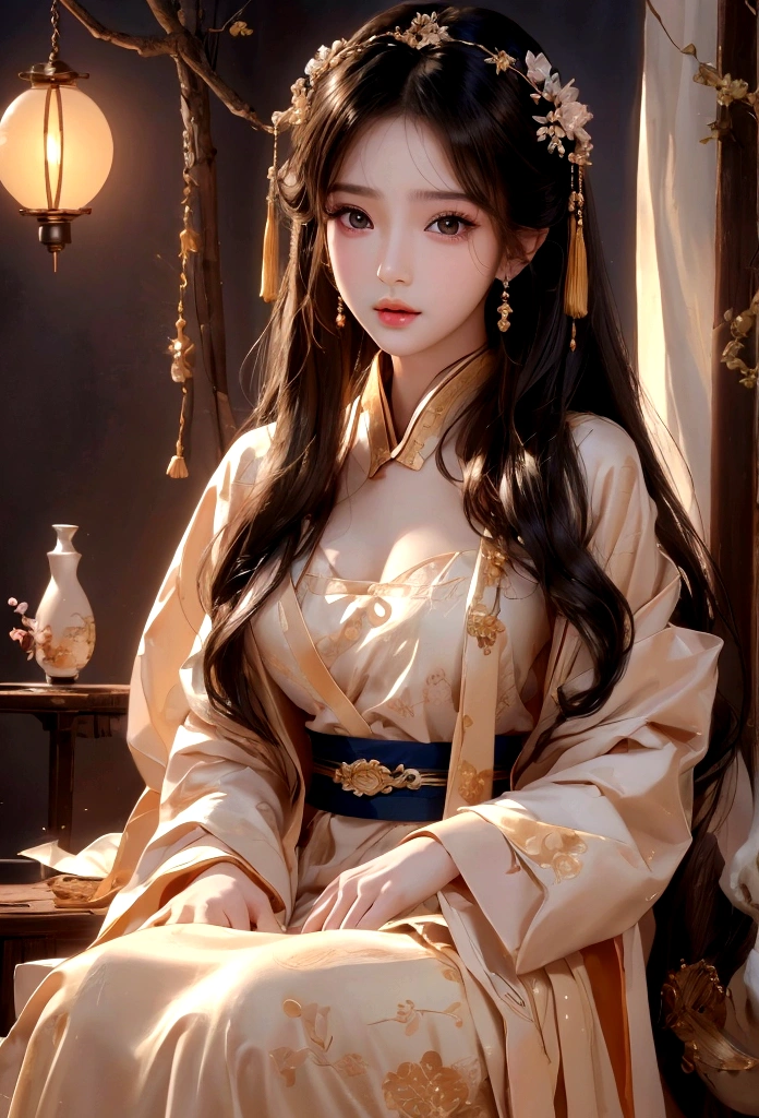 Best image quality、8K、masterpiece:1.3))、Realistic high-quality photos、Highest quality、 Beautiful face、Photos of slim models、Beautiful girl model、Young and pretty face、Beautiful model girl、A lovely and delicate face、Black Hair、Beautiful brown eyes、Young Body、Hanfu, (emphasize)、from the front、Camera gaze,、Anatomically correct、胸の谷間をemphasize、whole body