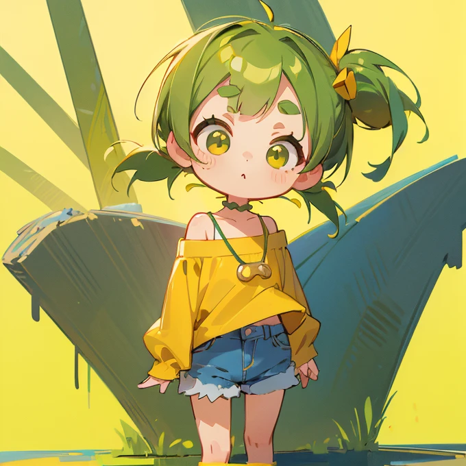 (masterpiece, Highest quality:1.2), (2 head body chibi character:1.1), Yellow-green hair, Twin tail hair, Top of the head, Yellow-green eyes, Wink, Yellow off-shoulder blouse, Denim shorts, Short bangs, Thick eyebrows, Round necklace, A gentle atmosphere, Reflecting, View your viewers, (Photo studio with blue background:1.0)