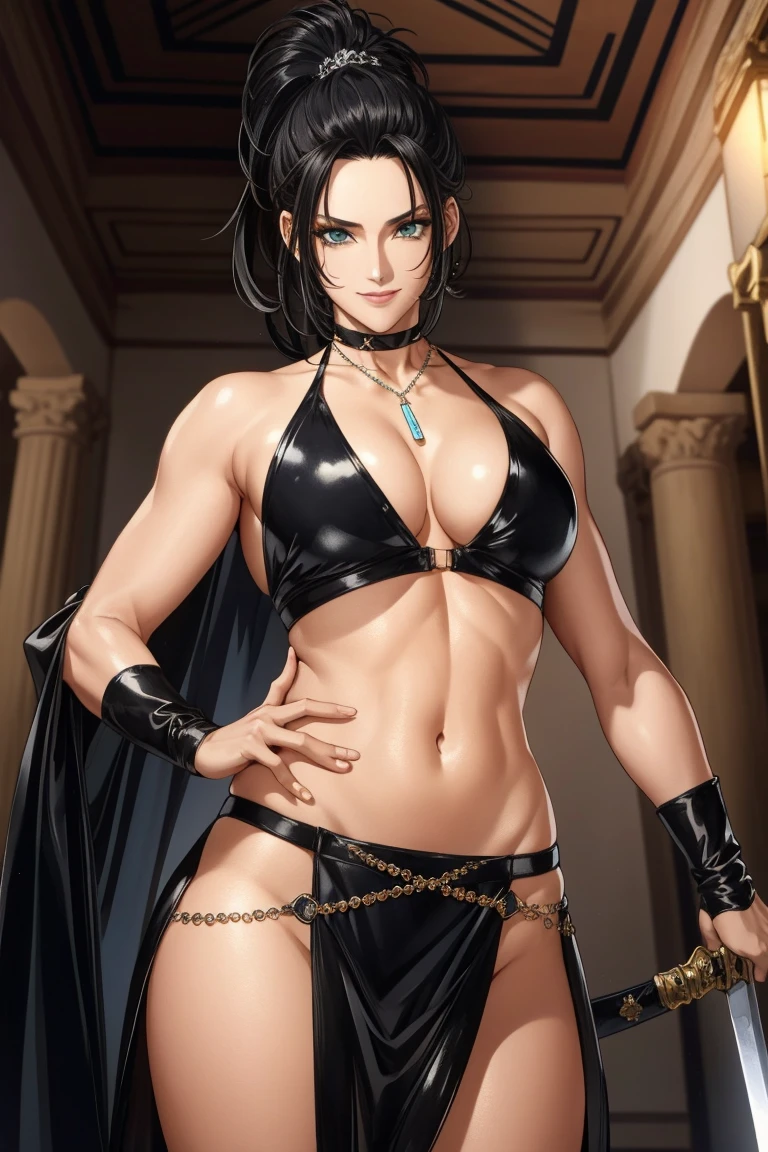 1990s,(style), (Anime stuff:1.1), Official Art, Perfect lighting,colorful,,Perfect Anatomy,Long black hair,ponytail,hidero horibe, choker,  jewelry, Earrings, (Shiny skin), Medium chest, masterpiece, Highest quality, Very detailed ,Sparkle,Halter neck,Money_choker, Complex and detailed background,
internal, Ishigaki, Ancient interior, Ancient Egyptian Room, Hieroglyphics, Dim lighting, Dark atmosphere, (Cowboy Shot), holding a sword, sword, stomach_Lock,Harem_Costume,belly button, necklace,
pelvis_curtain,reveal_Clothes, Veil，masterpiece,Highest quality,One girl,mature,evil smile, smile,
woman,mature,necklace,meanwhile, (Browsing Caution) Not for use at work, exposed stomach, exposed belly button, 露出したstomach部, exposed lower stomach