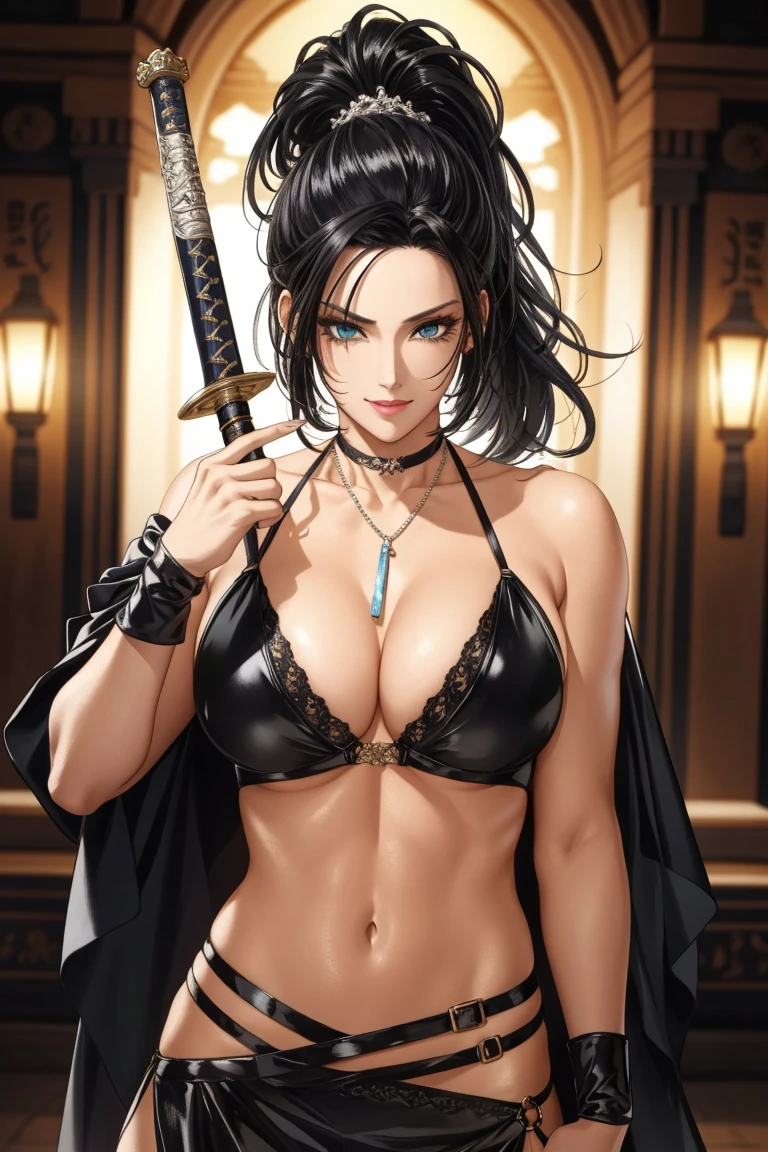 1990s,(style), (Anime stuff:1.1), Official Art, Perfect lighting,colorful,,Perfect Anatomy,Long black hair,ponytail,hidero horibe, choker, jewelry, Earrings, (Shiny skin), Medium chest, masterpiece, Highest quality, Very detailed ,Sparkle,Halter neck,Money_choker, Complex and detailed background,
internal, Ishigaki, Ancient interior, Ancient Egyptian Room, Hieroglyphics, Dim lighting, Dark atmosphere, (Cowboy Shot), holding a sword, sword, stomach_Lock,Harem_Costume,belly button, necklace,
pelvis_curtain,reveal_Clothes, Veil,masterpiece,Highest quality,One girl,mature,evil smile, smile,
woman,mature,necklace,meanwhile, (Browsing Caution) Not for use at work, exposed stomach, exposed belly button, 露出したstomach部, exposed lower stomach