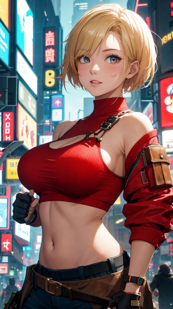 masterpiece,, Best quality, high resolution, 1 Girl， Has short blonde hair，Red clothes，On your belly, Top of crop, (Big Breasts 1.4), Umbilical cord，Fighting Stance，Cyberpunk characters，City Streets