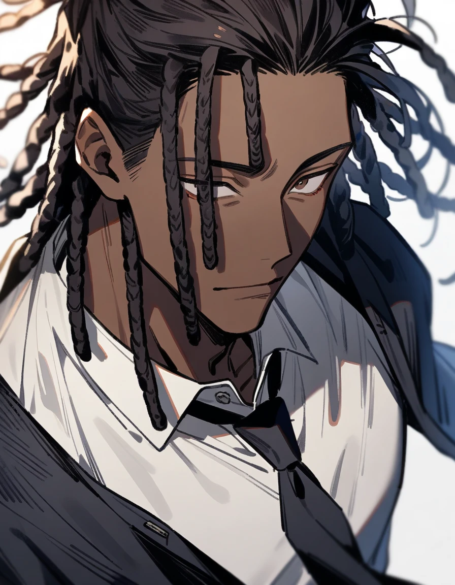 (1boy,jujutsu kaisen) solo, (white undershirt with black tie), (brown skin color), messy look, black hair, ((dreadlock hairstyle)), brown eyes, masterpiece, best quality, high quality, upper body, male focus, eye bags