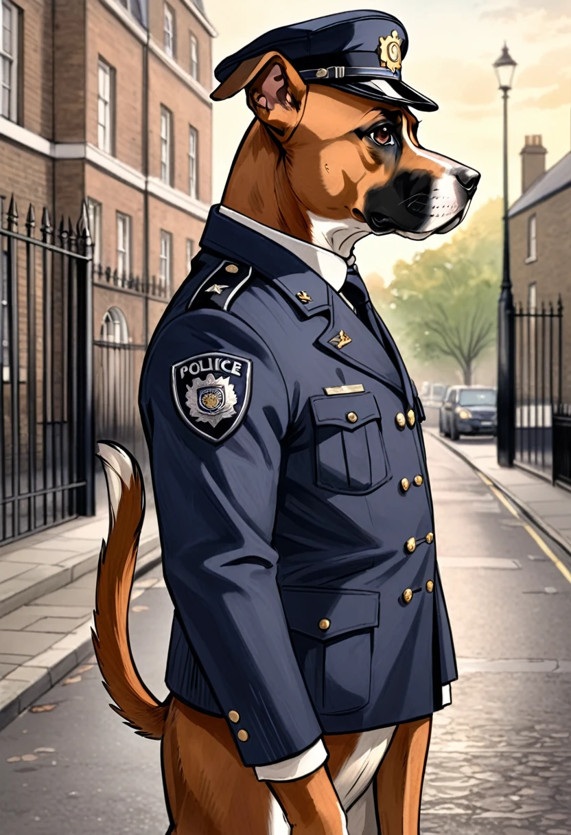 Watercolor hand drawing, vector graphics design, (best quality, masterpiece:1.2), side view, anthropomorphic, a Boxer dog with short hair wearing police jacket & uniform cap, inspector of Scotland Yard, llooks ike an English policeman, noire, London's street in 1890, simple lines, looking to camera, serteuse look, (natural textile texture, hyperrealism, soft light, sharp:1.2), (intricate details:1.1), hdr, bokeh