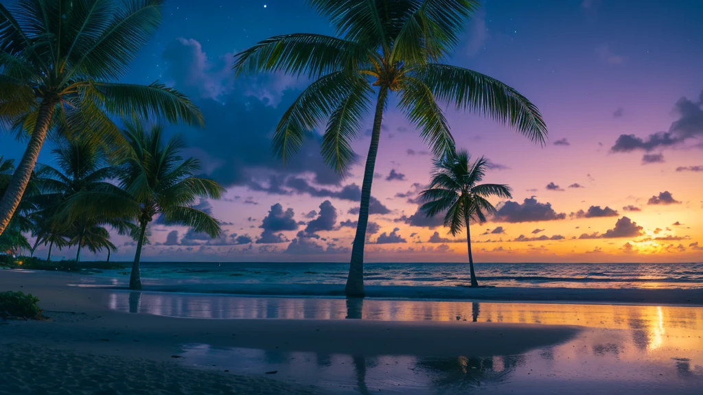  A serene beach scene with swaying palm trees, white sandy beach, and crystal-clear blue ocean under a vibrant night sky. The sky should display shades of black,blue and purple, reflecting on the water. The scene should include gentle waves lapping at the shore, a few scattered seashells, and a distant horizon. The palm trees should have lush green fronds, some of them leaning over the water, casting soft shadows on the sand. The overall atmosphere is tranquil and inviting, perfect for a tropical getaway during sunset