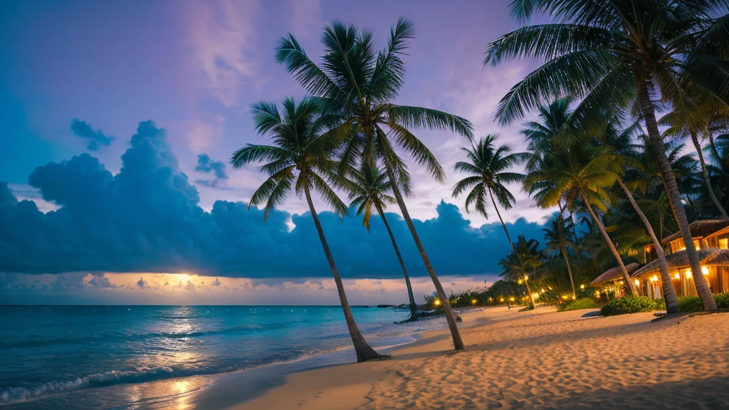 A serene beach scene with swaying palm trees, white sandy beach, and crystal-clear blue ocean under a vibrant night sky. The sky should display shades of black,blue and purple, reflecting on the water. The scene should include gentle waves lapping at the shore, a few scattered seashells, and a distant horizon. The palm trees should have lush green fronds, some of them leaning over the water, casting soft shadows on the sand. The overall atmosphere is tranquil and inviting, perfect for a tropical getaway during sunset