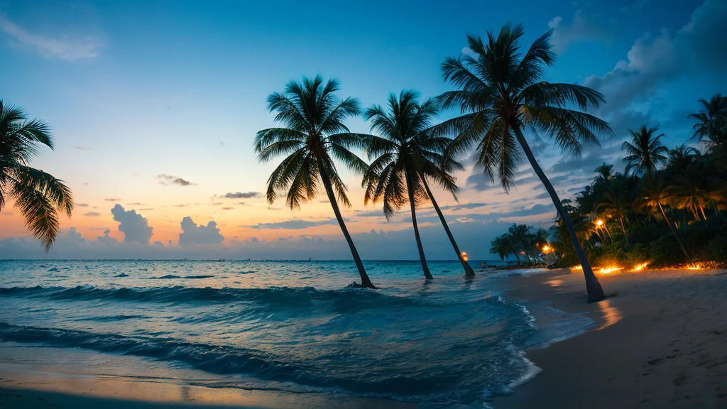  A serene beach scene with swaying palm trees, white sandy beach, and crystal-clear blue ocean under a vibrant night sky. The sky should display shades of black,blue and purple, reflecting on the water. The scene should include gentle waves lapping at the shore, a few scattered seashells, and a distant horizon. The palm trees should have lush green fronds, some of them leaning over the water, casting soft shadows on the sand. The overall atmosphere is tranquil and inviting, perfect for a tropical getaway during sunset