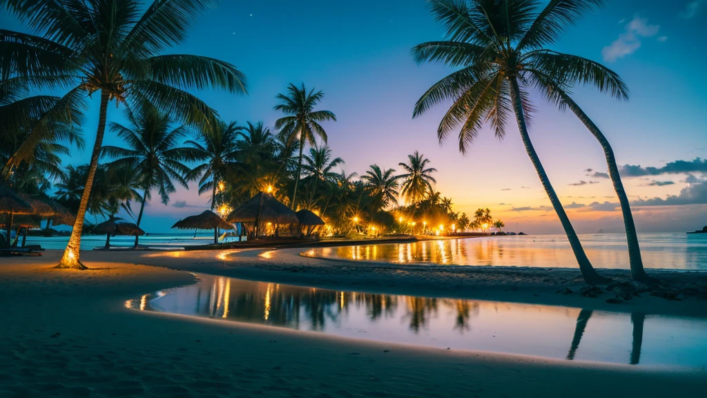 A serene beach scene with swaying palm trees, white sandy beach, and crystal-clear blue ocean under a vibrant night sky. The sky should display shades of black,blue and purple, reflecting on the water. The scene should include gentle waves lapping at the shore, a few scattered seashells, and a distant horizon. The palm trees should have lush green fronds, some of them leaning over the water, casting soft shadows on the sand. The overall atmosphere is tranquil and inviting, perfect for a tropical getaway during sunset