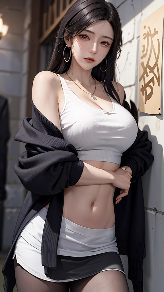 (masterpiece, best quality, 1 Girl, Solitary, Intricate details, Chromatic Aberration), Practical,Tifa Lockhart, ((Moderate breathing)),Long hair, Black Hair, Hair covering one eye,Red Eyes, earrings, Sharp eyes, Necklace, Cardigan jacket, Top of crop,The waist is open,(Perfectly symmetrical body),Against the wall, Brick Wall, Graffiti, Dim Lights, alley ,Look at the audience,