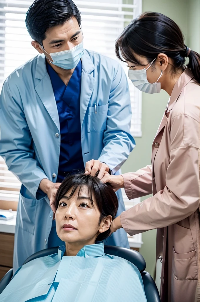 dentist male Handsome man in his 30s Wearing a lab coat Japanese Visiting the clinic Treating a patient The patient is elderly Scene during treatment Treatment in a private home The patient is lying on the bed