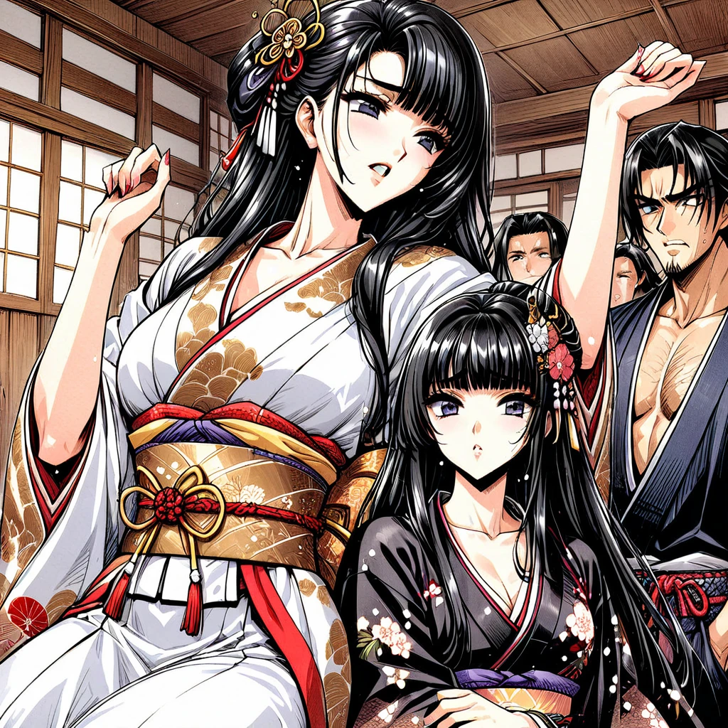 A beautiful -yeld press from the Sengoku period with long black hair　Gorgeous embroidery, Ultra glossy, She is wearing a shiny red long-sleeved floral layered kimono.... Red kimono jacket　She is forced to embrace an old man in front of her lover.　Intense foreplay　Fluid spurting from her nipples　