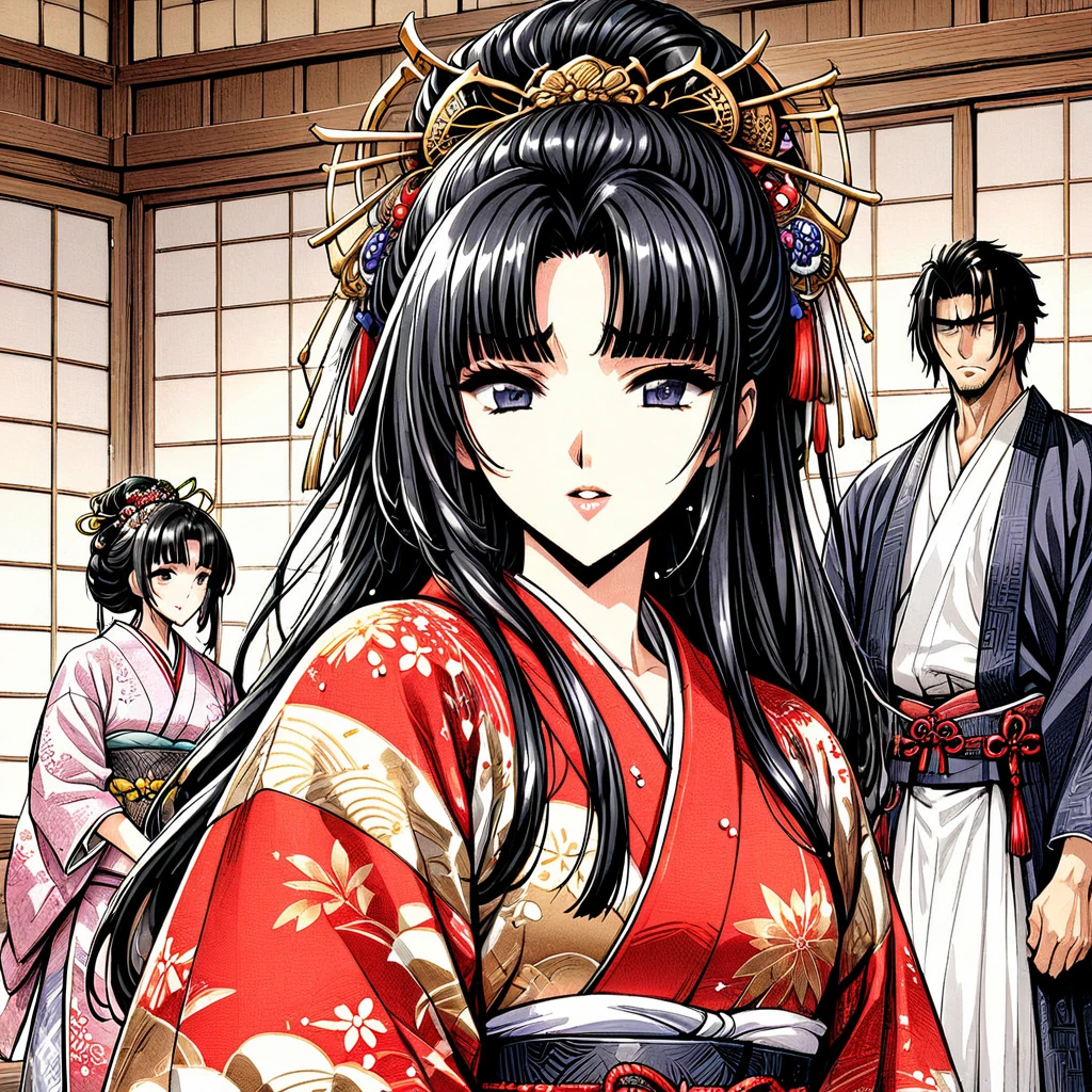 ((Highest quality)), ((masterpiece)), (detailed), （Perfect Face）、（The woman is a princess from the Sengoku period in Japan., Long black hair and a beautiful face　Located in a luxurious samurai residence.、The woman is wearing a gorgeous Japanese kimono with rich embroidery., Her hair is styled in a bunkin takashimada style., It is decorated with gorgeous ornaments from the Edo period.,   She is forced to have sex with a perverted lord.