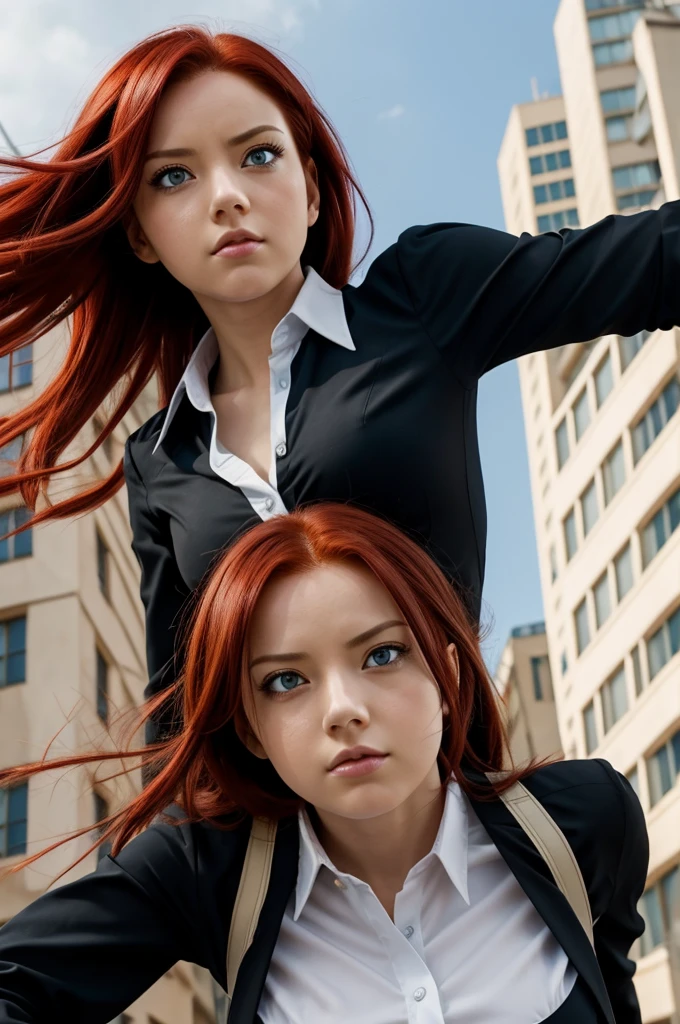 Boku no Hero Academia Template, beautiful woman, straight red hair with black highlights, slanted eyes, blue eyes, serious expression on face, black blouse, walking, city background, looking at the camera from below, low angle.