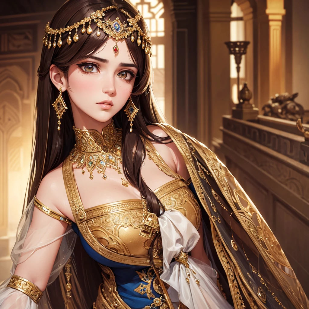 a beautiful arab princess, detailed face, beautiful brown hair, side eye, dramatic side eyeing,detailed clothing,highly detailed, 4k, ultra-realistic, photorealistic, intricate details, dramatic colors
Face facing forward and doing side eye