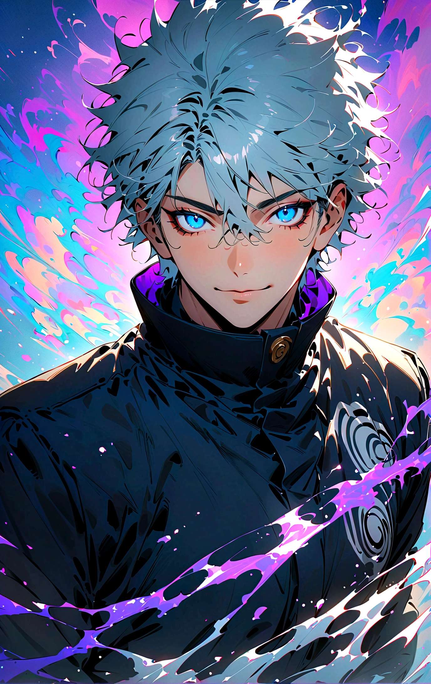 (masterpiece:1.3),(Highest quality:1.4),(Very detailedな:1.5),High resolution,Very detailed,8K,(1 male,Gojo Satoru,JUJUTSU KAİSEN,Gray Hair)Gojo Satoru,Confident々Smile,Beautiful Blue Eyes、（The background is blue and purple space）