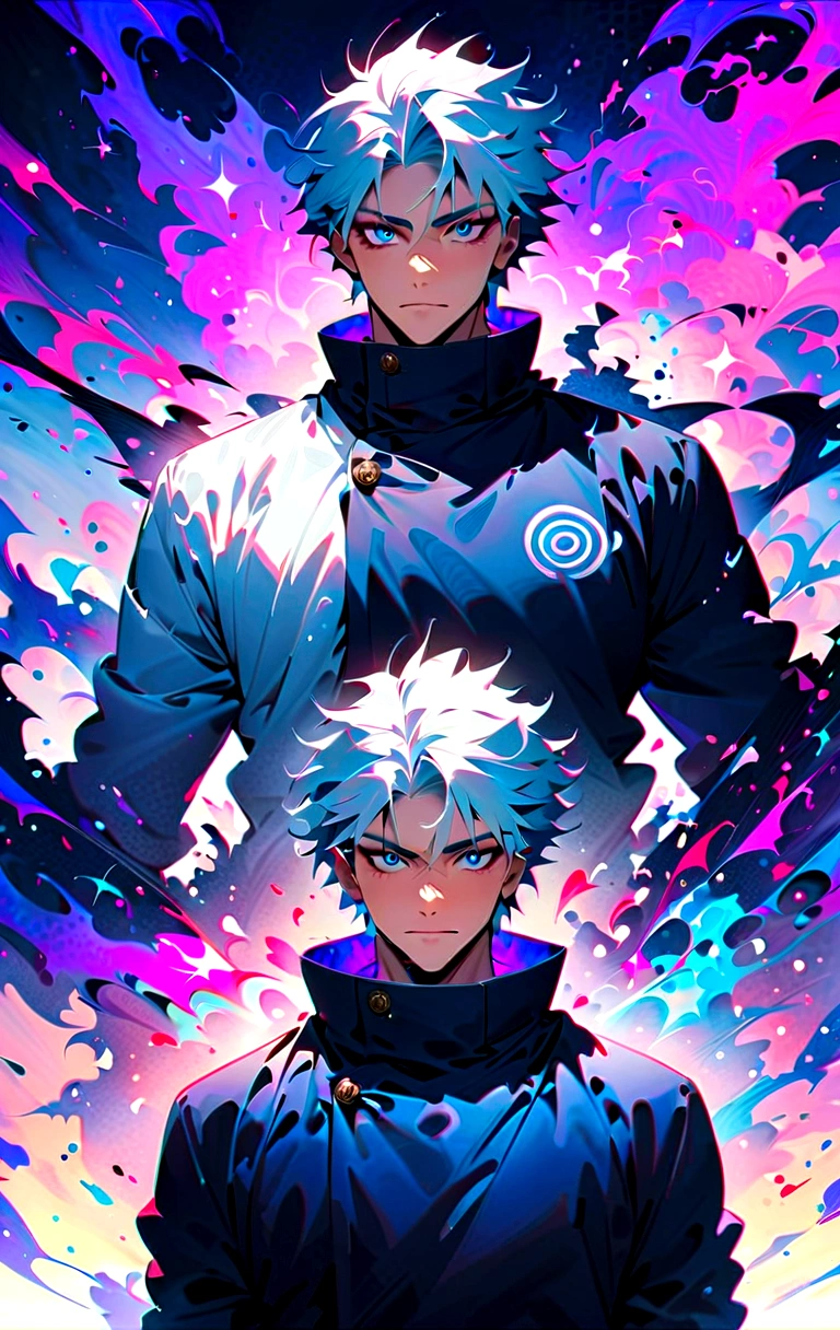 (masterpiece:1.3),(Highest quality:1.4),(Very detailedな:1.5),High resolution,Very detailed,8K,(1 male,Gojo Satoru,JUJUTSU KAİSEN,Gray Hair)Gojo Satoru,Confident々Smile,Beautiful Blue Eyes、(The background is blue and purple space)