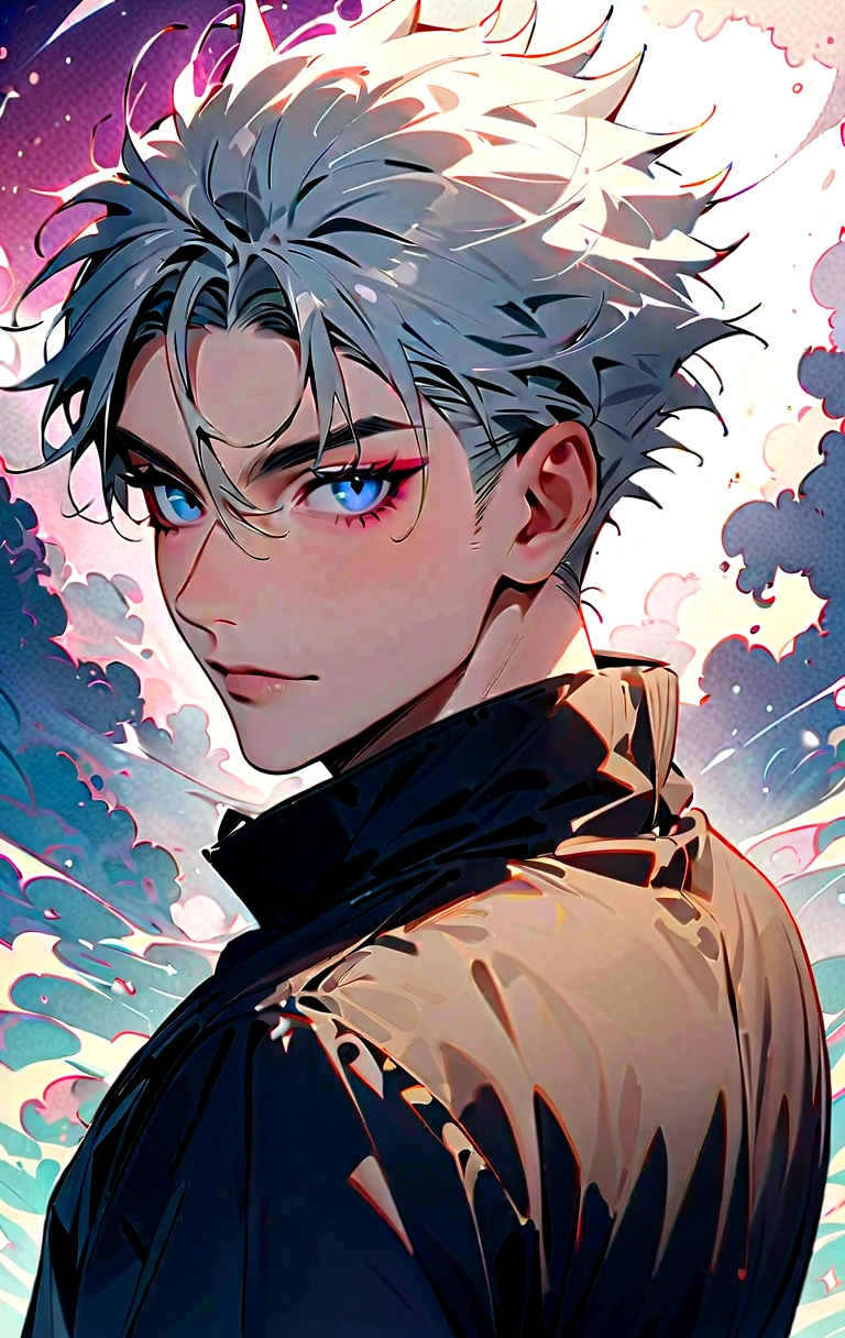 (masterpiece:1.3),(Highest quality:1.4),(Very detailedな:1.5),High resolution,Very detailed,8K,(1 male,Gojo Satoru,JUJUTSU KAİSEN,Gray Hair)Gojo Satoru,Confident々Smile,Beautiful Blue Eyes、(The background is blue and purple space)