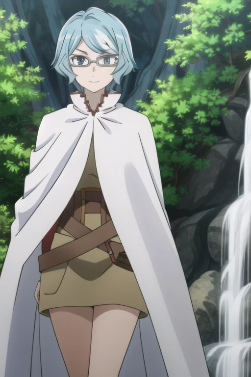 tall body, tall, long legs, mature female, mature, adult, eft_danmachi_blue, glasses, 1girl, female focus, solo, looking at viewer, blue hair, blue eyes, grey hair, parody, short hair, white cape, closed mouth, expressionless, anime coloring, smile, forest, walking