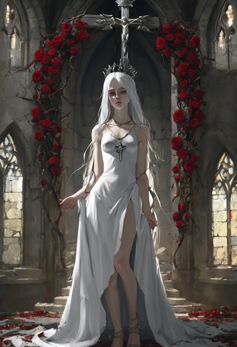 a girl with pale skin and white hair with gray undertones, wearing a crown of thorns from which small drops of blood trickle down her forehead, her eyes completely dark with an empty expression and a faint smile on her face, wearing a short white dress that reaches her knees, several silver roses adorn her body while sharp-thorned vines resemble necklaces wrapping her hands and waist, in a ruined church with cracked walls and broken windows, allowing in a timid light, next to an altar holding a cross adorned with various roses, an overall melancholic and mysterious atmosphere, emphasizing the loneliness and contrast between the girl's beauty and suffering