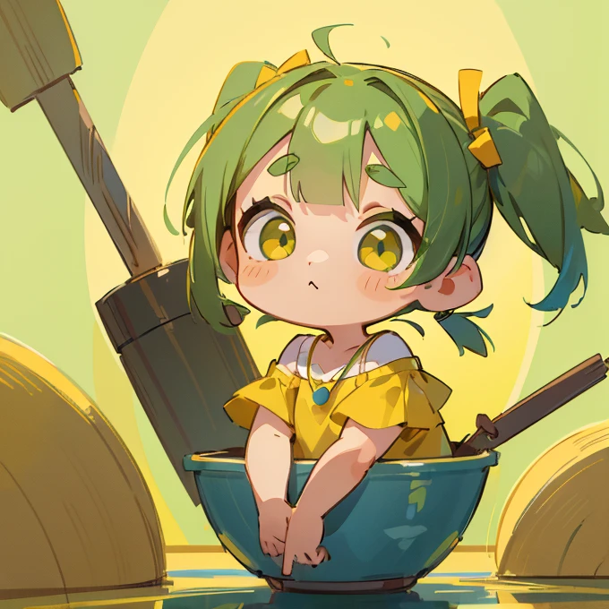 (masterpiece, Highest quality:1.2), (2 head body chibi character:1.1), Yellow-green hair, Twin tail hair, Top of the head, Yellow-green eyes, Wink, Yellow off-shoulder blouse, Denim shorts, Short bangs, Thick eyebrows, Round necklace, A gentle atmosphere, Reflecting, View your viewers, (Photo studio with blue background:1.0)