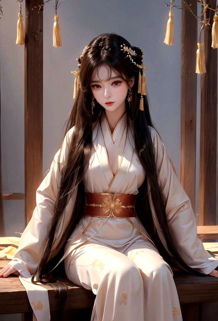 Best image quality、8K、masterpiece:1.3))、Realistic high-quality photos、Highest quality、 Beautiful face、Photos of slim models、Beautiful girl model、Young and pretty face、Beautiful model girl、A lovely and delicate face、Black Hair、Beautiful brown eyes、Young Body、Hanfu, (emphasize)、from the front、Camera gaze,、Anatomically correct、胸の谷間をemphasize、whole body